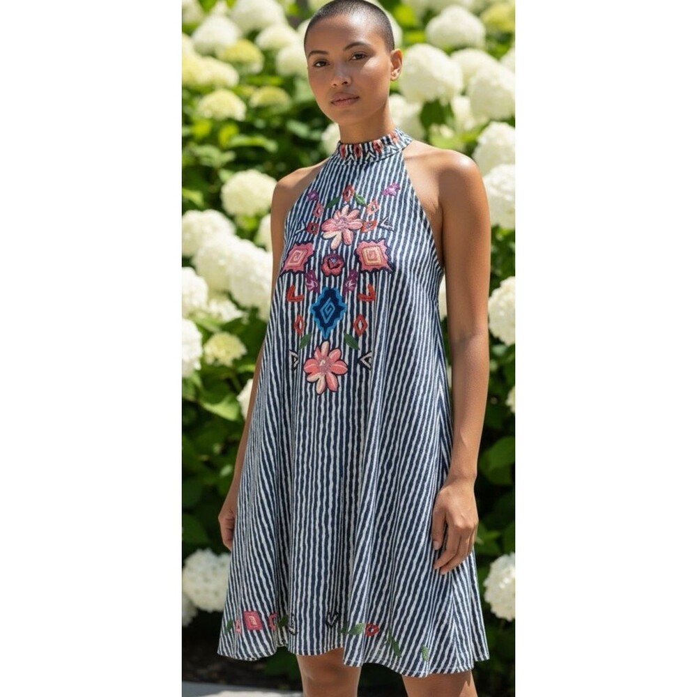 THML Anthropologie womens NEW halter neck A-line embroidered summer dress Medium